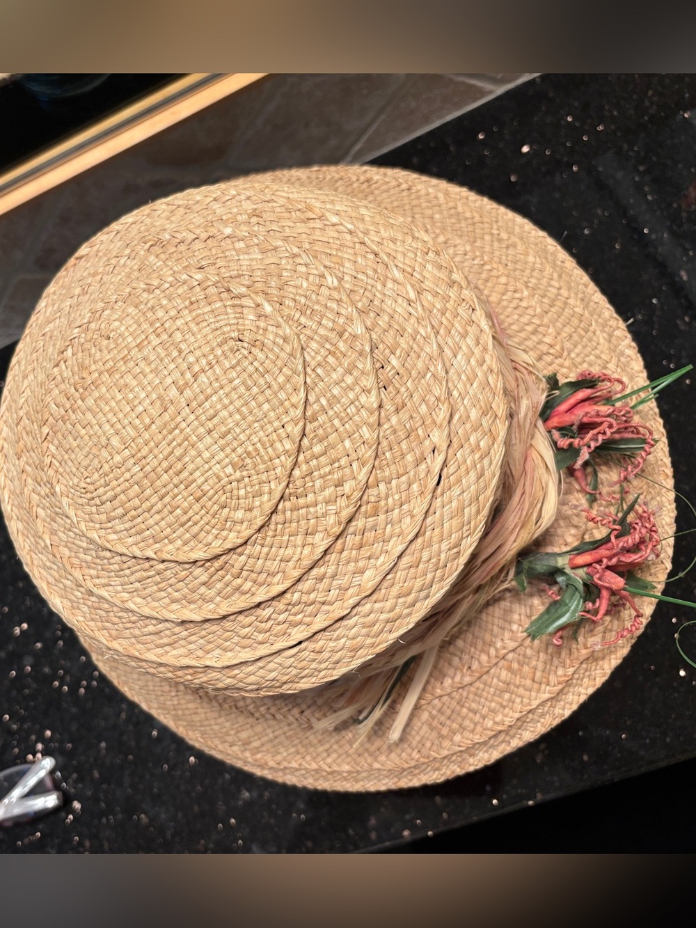 April Cornell Natural Straw Hat with Pink Floral and Raffia Accents - Picture 9 of 10